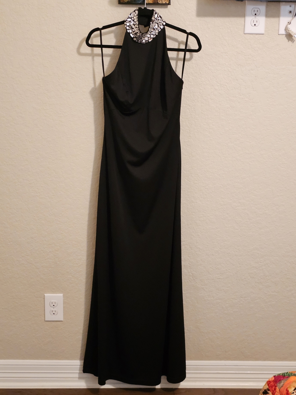 Marina Bresler Vintage Black, Jeweled Collar, Backless Full Length Formal Dress.